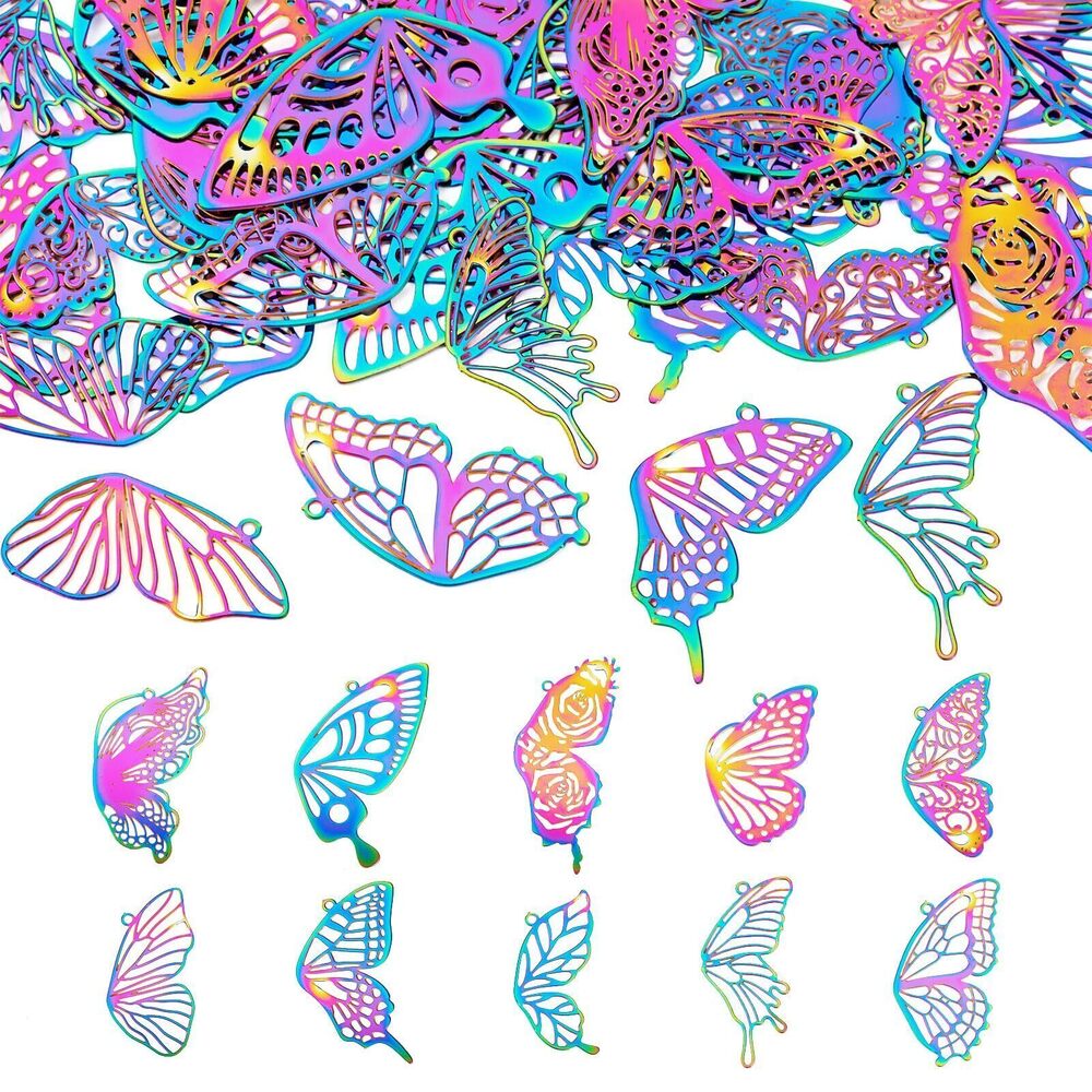 3829 Pandahall 40Pcs Rainbow Butterfly Filigree Charms Stainless Steel